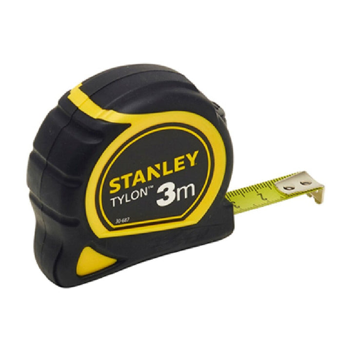 Schwarzes und gelbes Stanley Flexometer 3m mit Messband. Präzises Werkzeug.