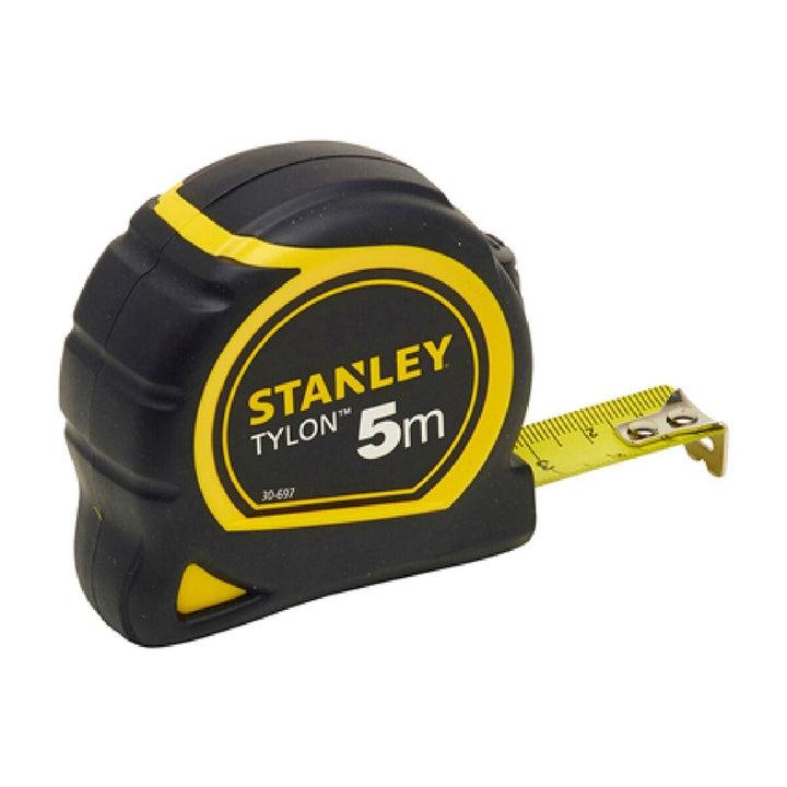 Stanley Flexometer 5 m, schwarzes Gehäuse mit gelbem Maßband.