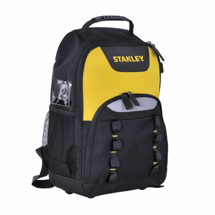 Schwarzer und gelber Stanley Rucksack mit Tragegriff und Seitentasche.