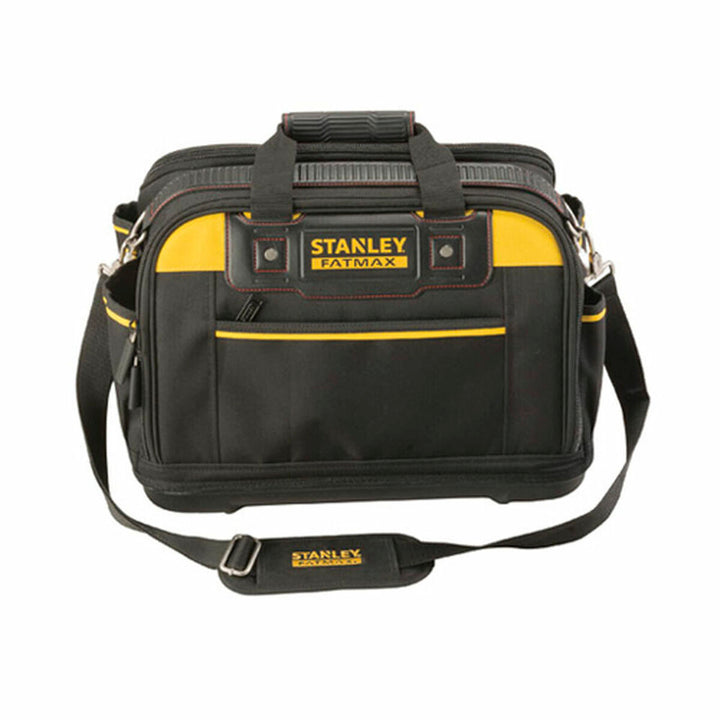 Schwarze Stanley Werkzeugtasche mit gelben Akzenten und Schultergurt.