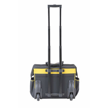 Schwarze und gelbe Stanley Trolley-Tasche mit Rädern und ausziehbarem Griff.
