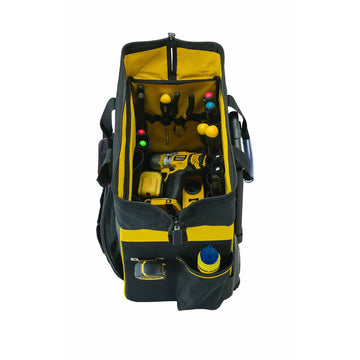 Große Stanley Trolley-Tasche in Schwarz und Gelb, gefüllt mit Werkzeugen. Praktische Werkzeugtasche.