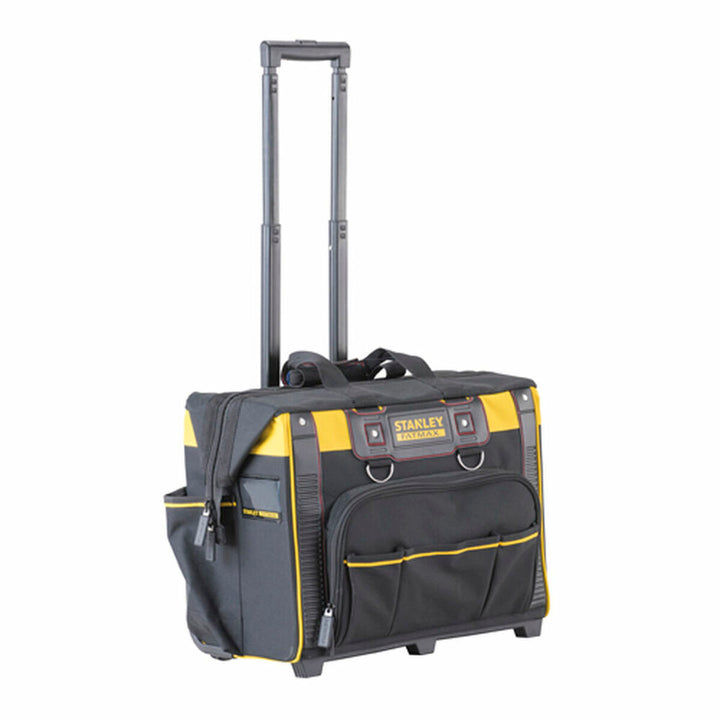 Große Stanley Trolley-Tasche in Schwarz und Gelb mit Teleskopgriff und vielen Fächern.