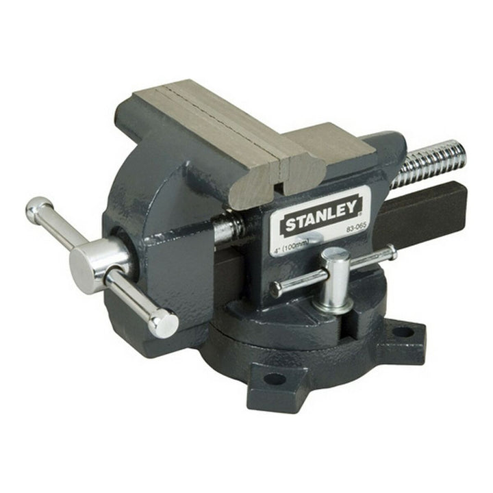 Grauer Stanley Schraubstock für Holzbearbeitung mit 100 mm Spannweite und robuster Basis.