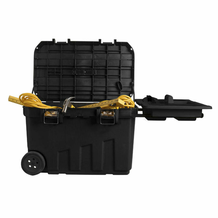 Schwarzer Stanley Werkzeugkasten Trolley mit Werkzeug. Praktischer Metall Werkzeugkasten.