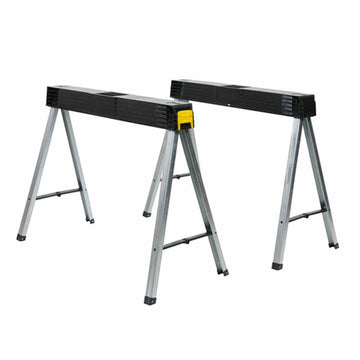 Zwei biegsame Stanley Staffeleien aus Metall mit schwarzer Oberfläche.