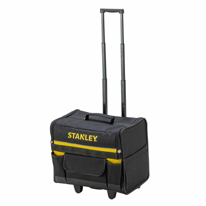 Schwarze Stanley Werkzeugtasche mit Rollen und gelbem Logo. Praktische Werkzeug Organisation.