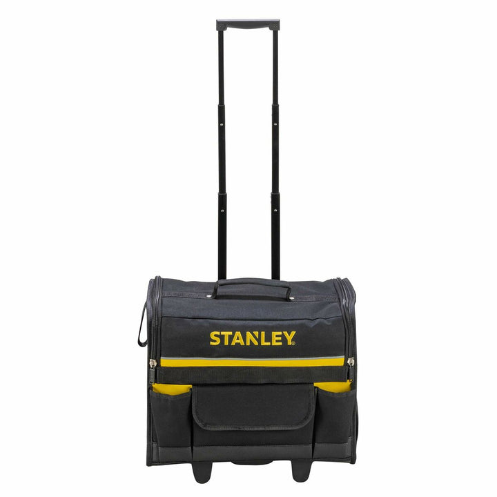 Schwarze Stanley Werkzeugtasche mit Rollen und Teleskopgriff für einfachen Transport.