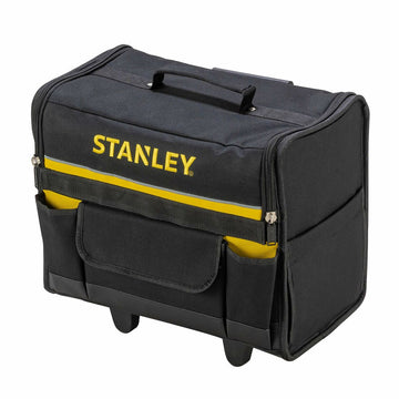 Schwarze Stanley Werkzeugtasche mit Rollen, gelbem Streifen und Tragegriff.