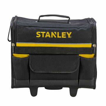 Schwarze Stanley Werkzeugtasche mit gelben Akzenten, Tragegriff und mehreren Taschen.