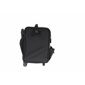 Schwarze Stanley Werkzeugtasche mit Rädern und Griff für einfachen Transport.