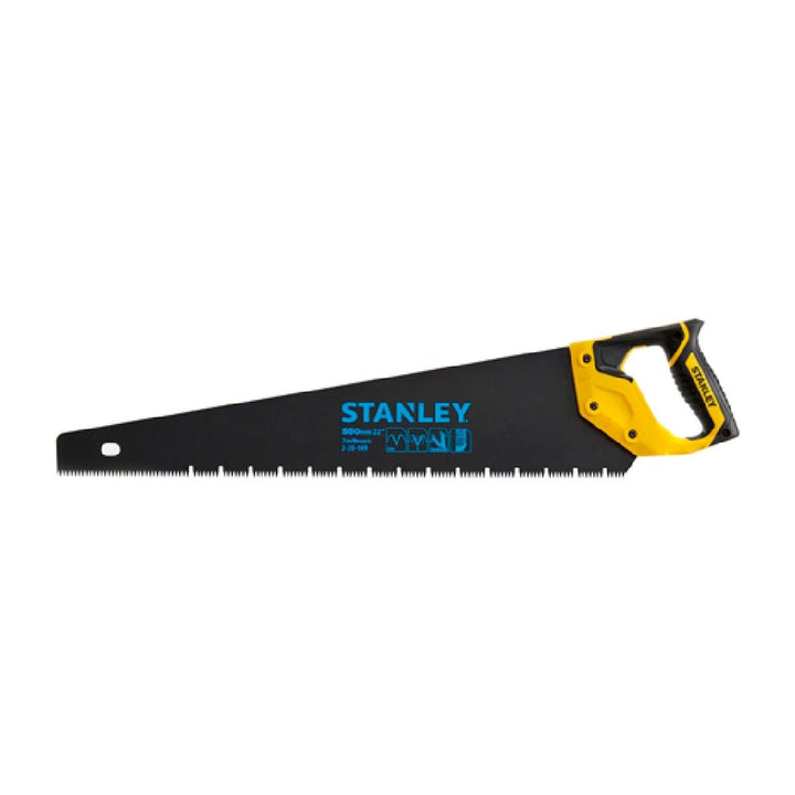 Stanley Jet-Cut Säge 550 mm mit schwarzem Blatt und gelb-schwarzem Griff.