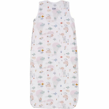 Weißer Tineo Schlafsack mit pastellfarbenem Tier Fallschirm Muster für Babys.