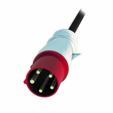 Roter und weißer Stromverteiler-Stecker (APC AP8886) mit vier Stiften und schwarzem Kabel.