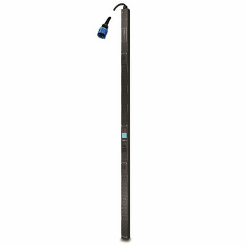 Schwarzer APC AP7854 Stromverteiler mit zahlreichen Ausgängen und blauem Stecker.