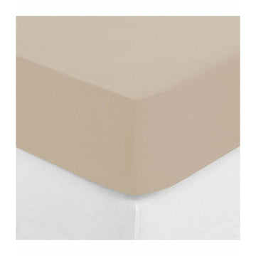 Beige Spannbetttuch aus Leinen, 160x200 cm, glatte Textur.