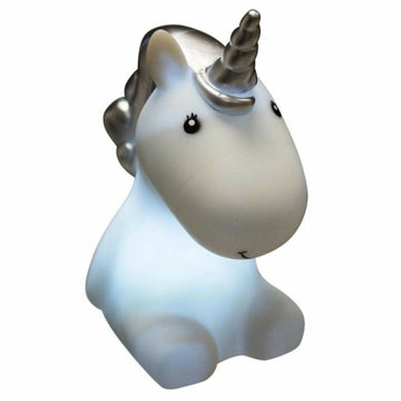 Weißes Atmosphera Einhorn Nachtlicht mit silbernem Horn und Mähne, das sanft leuchtet.