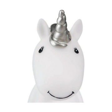 Weißes Einhorn Nachtlicht mit silbernem Horn für eine beruhigende Atmosphäre.