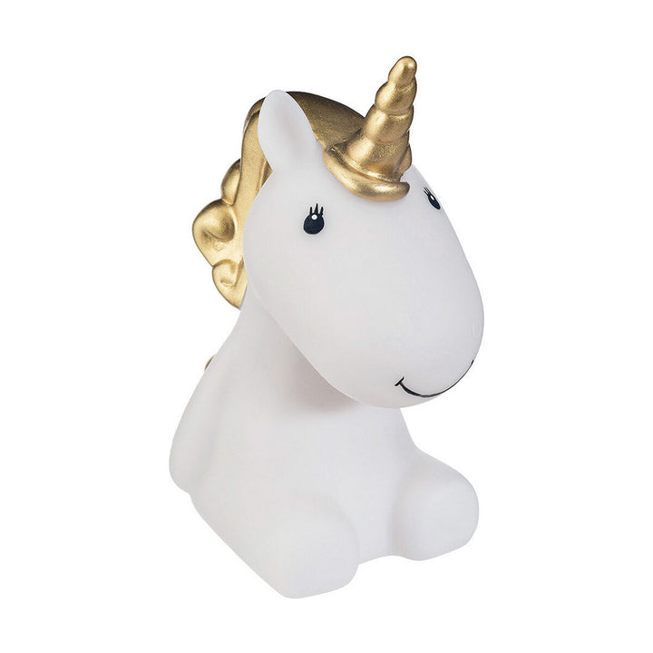 Weißes Einhorn Nachtlicht mit goldenem Horn und Mähne für eine gemütliche Atmosphäre.