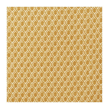 Senfgelbes Baumwoll Kissen mit geometrischem Muster.