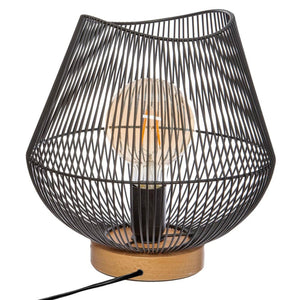 Schwarze Atmosphera Jena Tischlampe mit Metallrahmen und Holfuß. Drahtdesign.