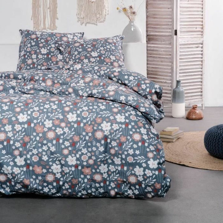 Blaues Bettwäsche-Set mit Blumenmuster, TODAY SUNSHINE 240x220 cm. Bettdeckenbezug mit Blumen.