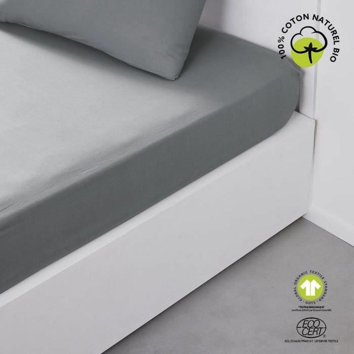 Graues Spannbetttuch 180 x 200 cm aus Bio Baumwolle mit GOTS und ECOCERT Zertifizierung.