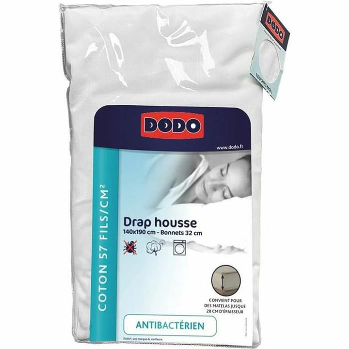 Verpacktes DODO Bettlaken 140x190 cm, weiß, mit antibakteriellen Eigenschaften und Matratzenstärke.