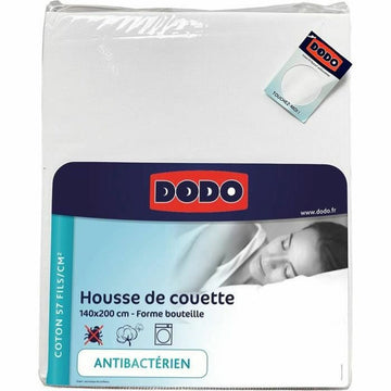Verpackung eines weißen, antibakteriellen DODO Bettdeckenbezugs, 140x200 cm, mit Produktdetails.