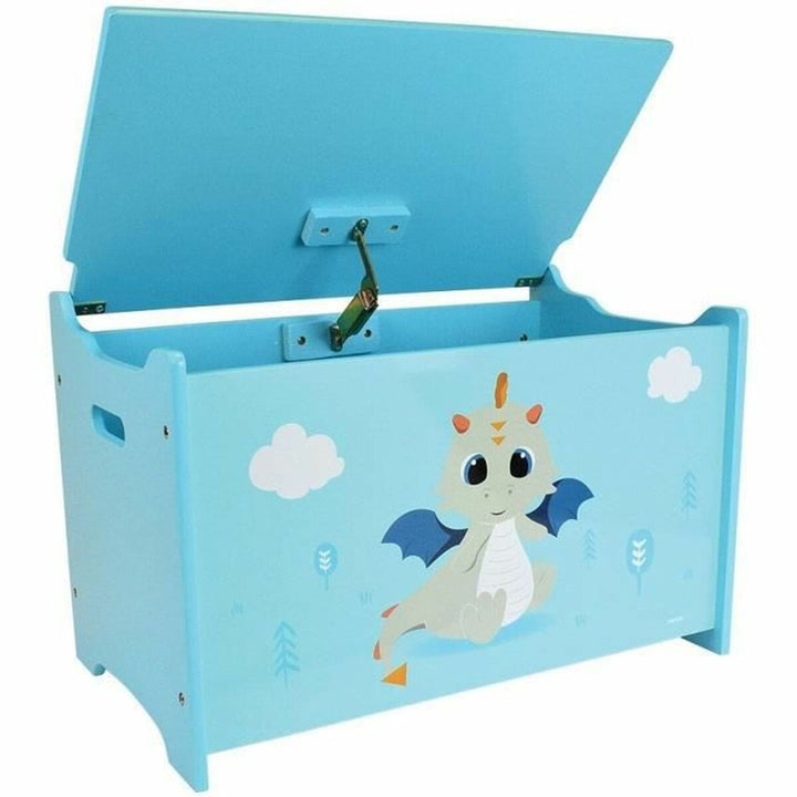 Helle blaue Holztruhe mit Drachen-Motiv und offenem Deckel - homely Family Shop