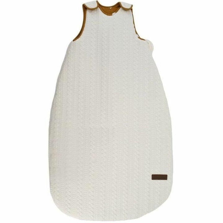 Weißer Domiva BOUBOU Schlafsack mit Strickmuster und braunem Rand.