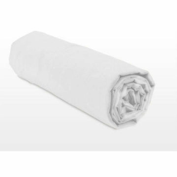 Gerolltes, weißes Spannbetttuch (180x200+30 cm) zeigt die Textur des Bettlakens.
