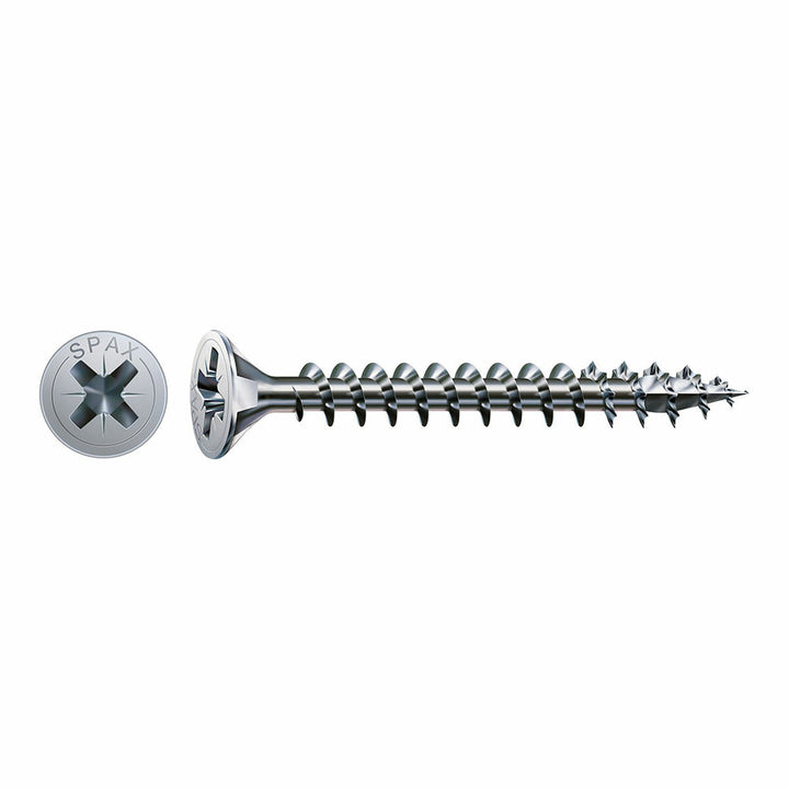 SPAX Holzschraube (4 x 16 mm) mit flachem Kopf. Schraube aus Metall mit Gewinde.