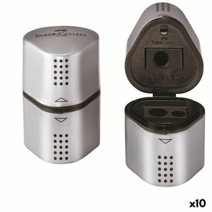 Silberfarbener Faber-Castell Grip 2001 Spitzer aus Metall mit 3 Funktionen und tollem Grip.