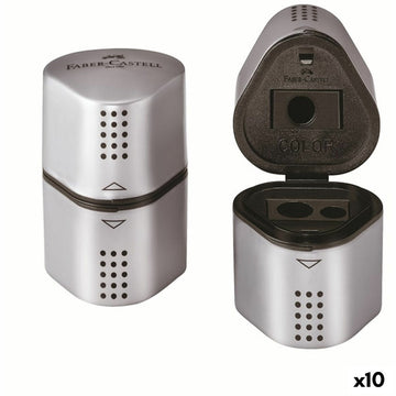 Silberfarbener Faber-Castell Grip 2001 Spitzer aus Metall mit 3 Funktionen und tollem Grip.