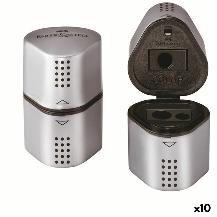 Silberfarbener Faber-Castell Grip 2001 Spitzer aus Metall mit 3 Funktionen und tollem Grip.
