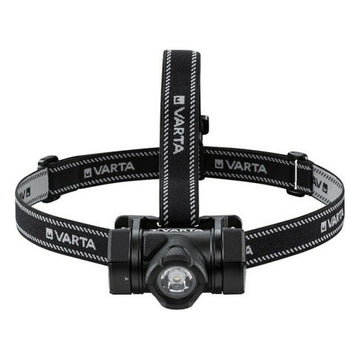 Schwarze Varta H20 PRO LED-Kopf-Taschenlampe mit verstellbarem Stirnband und hellem LED-Licht.