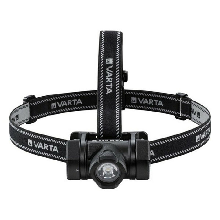 Schwarze Varta H20 PRO LED-Kopf-Taschenlampe mit verstellbarem Stirnband und hellem LED-Licht.