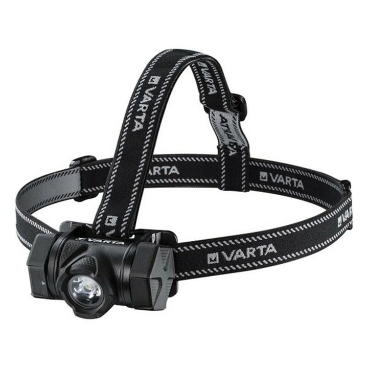 Schwarze Varta H20 PRO LED-Kopf-Taschenlampe mit verstellbarem Kopfband und 4W 350lm Licht.