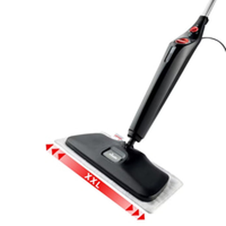 Schwarzer Vileda Steam XXL Plus Dampfreiniger mit extra großem Reinigungskopf.