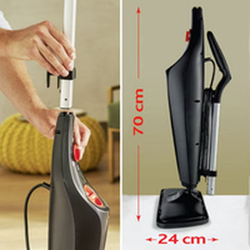 Schwarzer Vileda Steam XXL Plus Dampfreiniger mit Maßangaben. Reiniger mit Dampf.