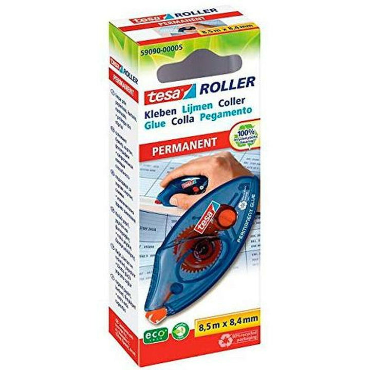 Tesa Roller Korrektur-Band mit blauem Gehäuse und sichtbarem Getriebe, Permanent Klebeband.