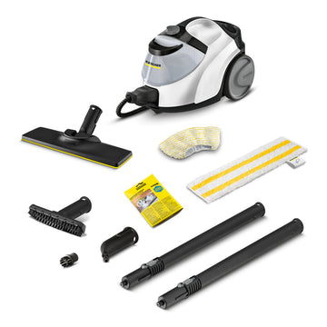 Weißer Kärcher Dampfreiniger mit Bürsten und Zubehör für eine hygienische Reinigung.