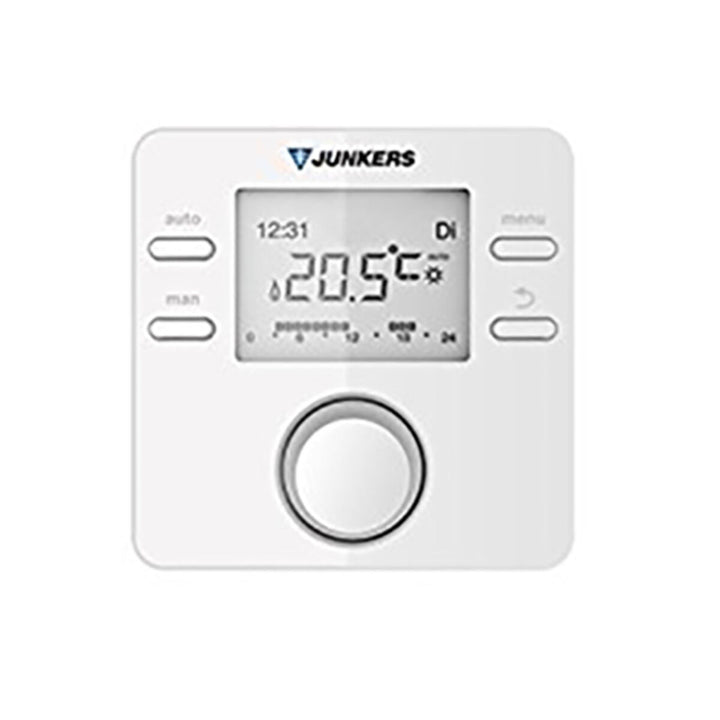 Weißer Junkers CW100 Thermostat mit digitaler Temperaturanzeige und Bedienelementen.