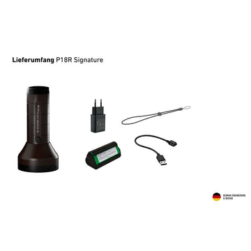 Ledlenser P18R Taschenlampe mit Zubehör: Ladegerät, Akku, Handschlaufe und magnetisches Ladekabel.