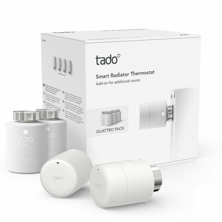 Tado Smart Heizkörperthermostat Quattro Pack in Weiß mit digitalem Display.