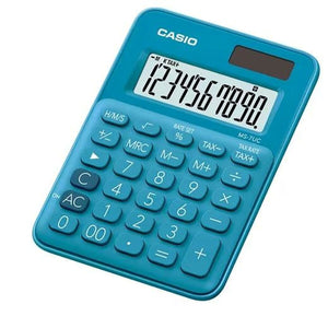 Blauer Casio MS-7UC Taschenrechner aus Kunststoff mit Funktions- und Zahlentasten.