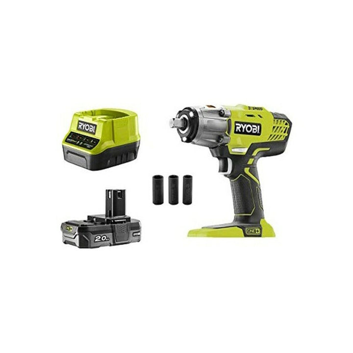 Ryobi RYLL18IW3B Akku-Schlagschrauber mit Akku, Ladegerät und Steckschlüsselsatz.