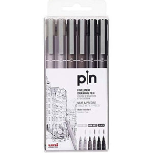 Uni-Ball PIN-200(S) Dauermarker Set in Grau- und Schwarztönen. Feine Strichstärken für präzises Zeichnen.