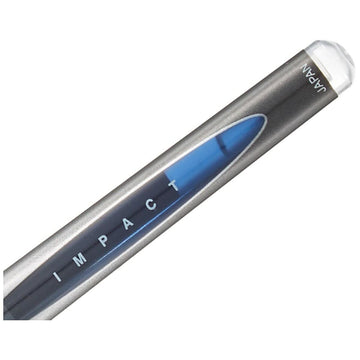 Nahaufnahme: Uni-Ball Signo Broad UM-153 Flüssigtinten-Stift mit blauem Tintenspeicher.